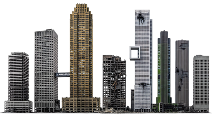 Collection of diverse skyscrapers some intact some damaged with a connecting bridge isolated on a transparent background