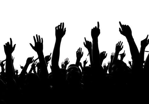 Crowd with hands raised and fingers pointing upwards in a concert or event isolated on a transparent background