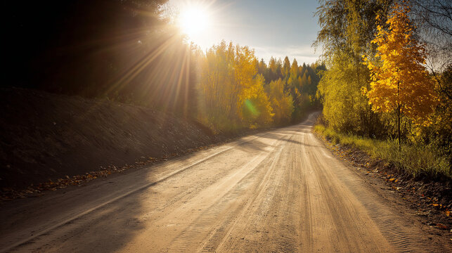 A forked path through a golden autumn forest, symbolizing life's choices under soft sunlight.