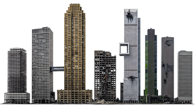 Collection of diverse skyscrapers some intact some damaged with a connecting bridge isolated on a transparent background - Powered by Adobe