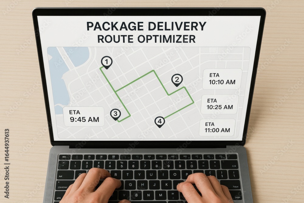 Poster package delivery route optimizer displaying estimated arrival times and stop order on city map