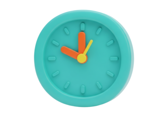 Isolated Turquoise Clock with Orange Hands on Transparent Background Displaying Time Management