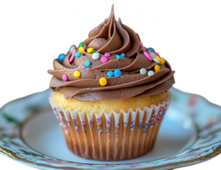 Delicious chocolate cupcake with sprinkles isolated on transparent background on a plate