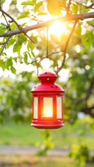Red lantern hanging from tree branch with sun shining through leaves sunlight