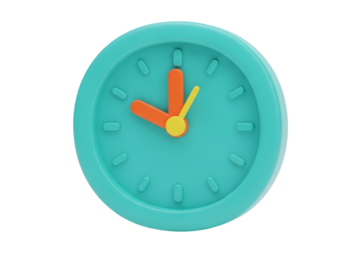 Isolated Turquoise Clock with Orange Hands on Transparent Background Displaying Time Management