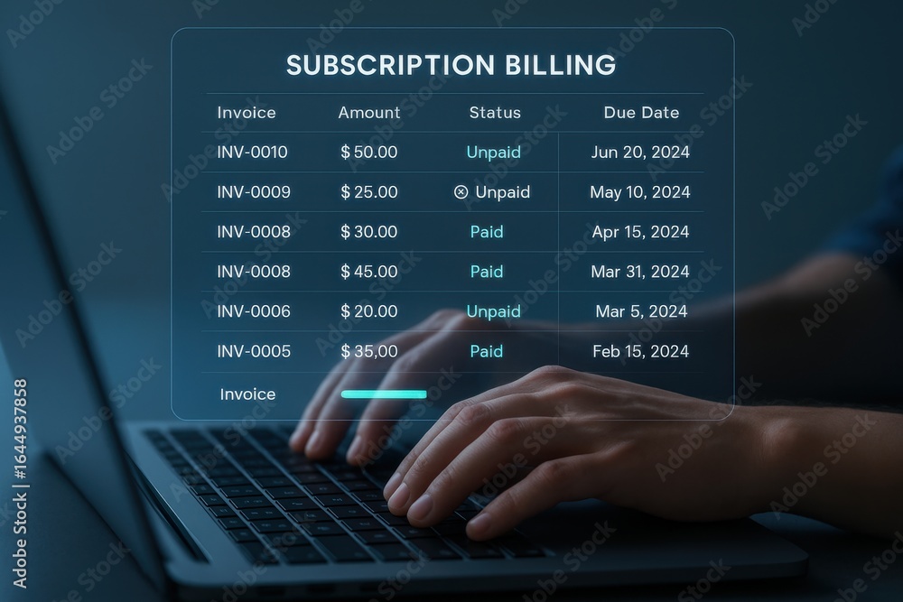 Poster subscription billing dashboard showing invoice history, amounts, payment status and due dates