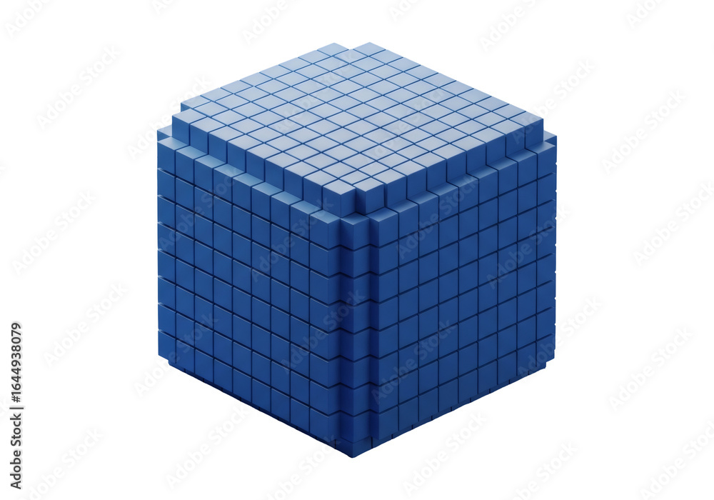 Poster isometric blue pixel cube on black background featuring a 3d render of an abstract geometric design 