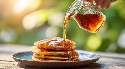Stack of pancakes being drizzled with maple syrup.