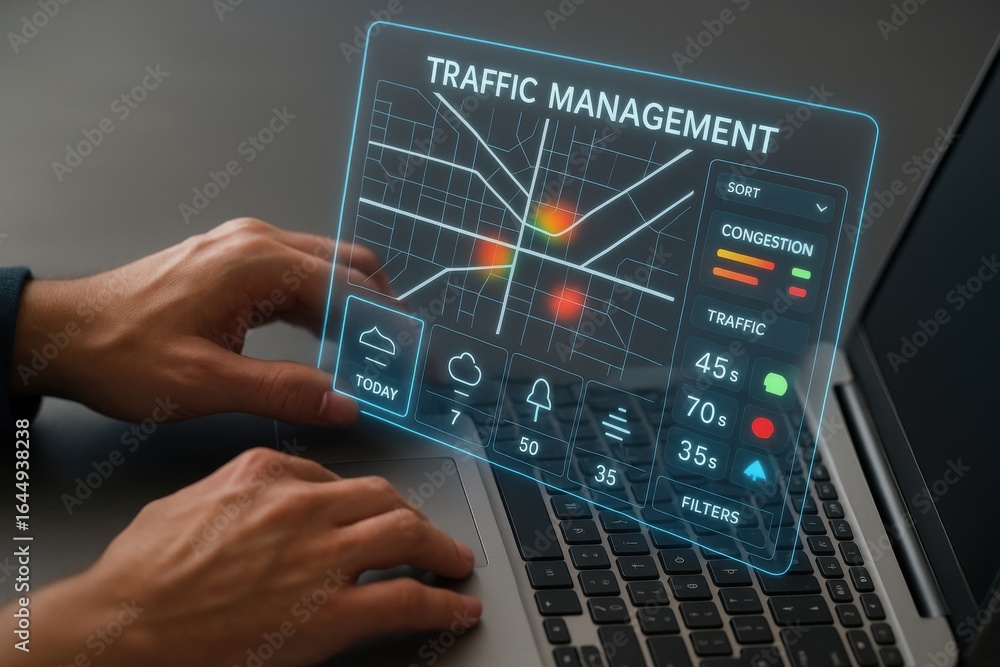 Poster real-time traffic management dashboard showing congestion heatmap and traffic signal timings