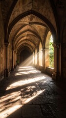 Fototapeta premium Sunbeams illuminate a long, stone-arched corridor