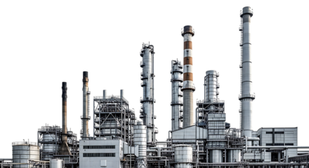 Industrial refinery complex with tall smokestacks and intricate pipe systems isolated on a transparent background