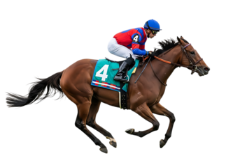 Jockey in red blue silks riding a brown horse with green saddle cloth number four isolated on a transparent background