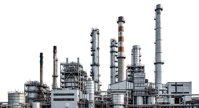 Industrial refinery complex with tall smokestacks and intricate pipe systems isolated on a transparent background
