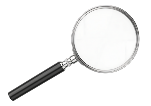 Magnifying glass with a black handle and silver accents on a white lens isolated on a transparent background