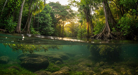 Tropical river forest sunrise