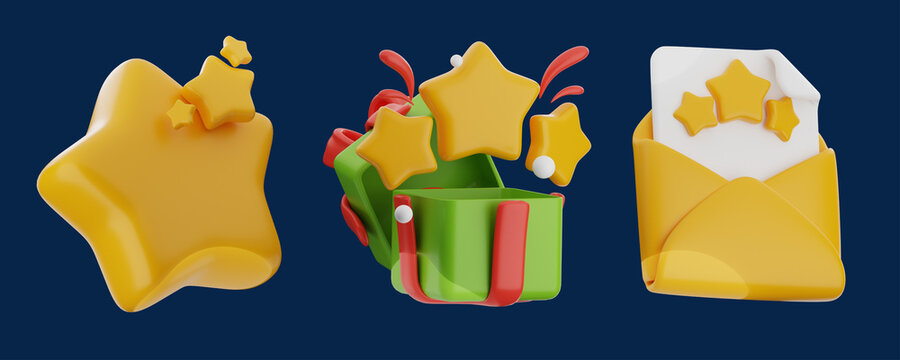 3d stars coming out from gift box and envelope for customer review, feedback, loyalty program and bonus