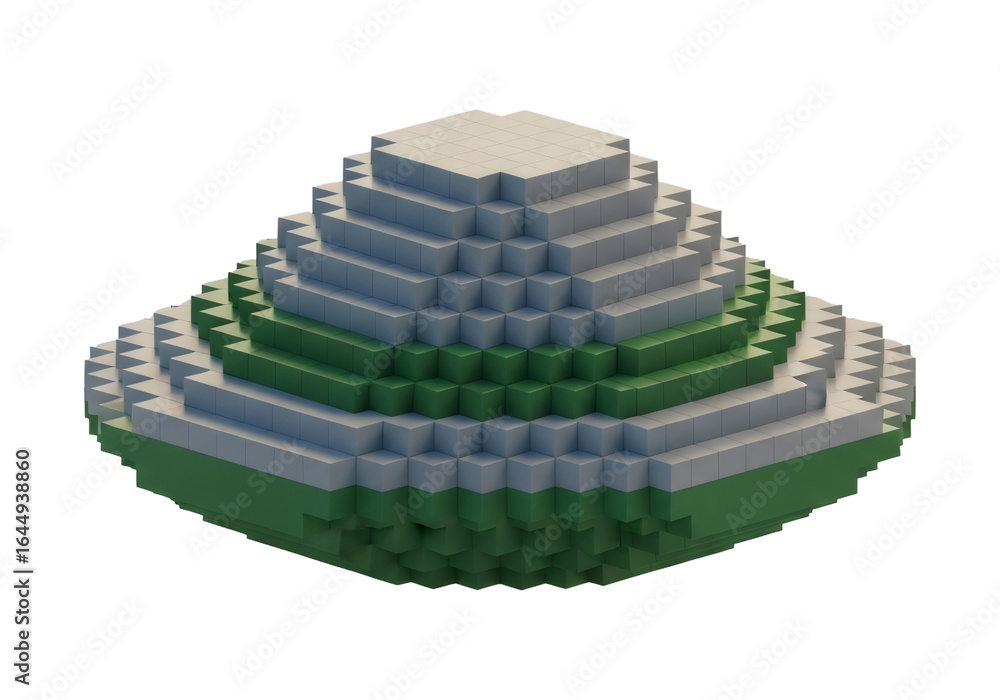 Poster isometric voxel art of a layered mountain constructed from cubes in digital modeling on isolated bla