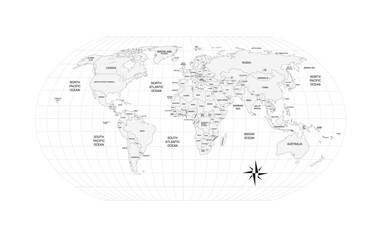 World map. Political map with countries names illustraterd on white background