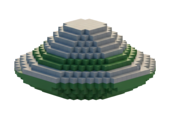 Isometric Voxel Art of a Layered Mountain Constructed from Cubes in Digital Modeling on Isolated Black Background