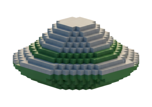 Isometric Voxel Art of a Layered Mountain Constructed from Cubes in Digital Modeling on Isolated Black Background