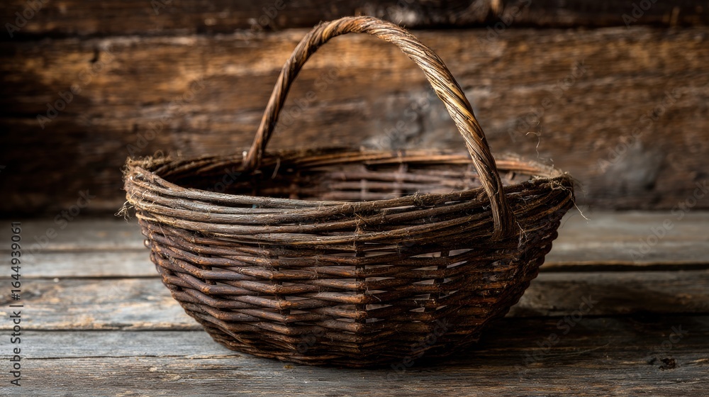 Poster rustic empty basket with handle on wooden table surface