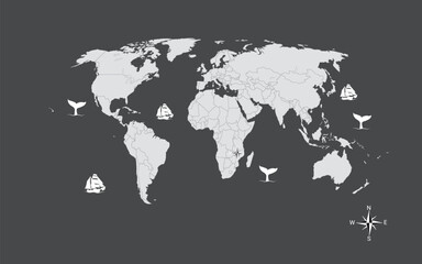 World map. Political map with countries names illustraterd on black grey  background