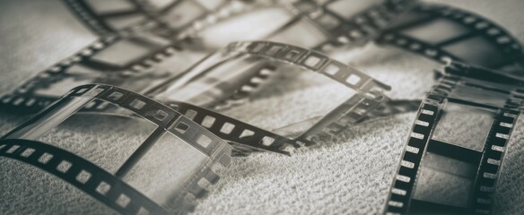 The vintage film negatives artistically arranged on a textured surface.