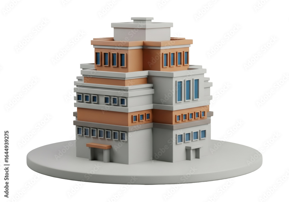 Poster low poly 3d rendering of a modern multi story white and orange building with blue windows on a circu