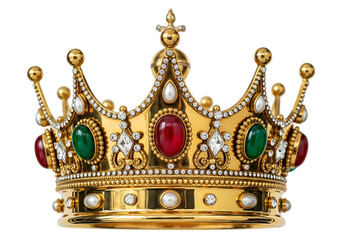 Ornate golden crown adorned with red and green gemstones and pearls isolated on a transparent background 1
