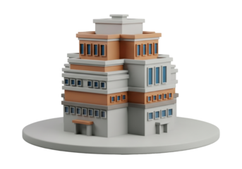 Low Poly 3D Rendering of a Modern Multi Story White and Orange Building with Blue Windows on a Circular Platform Against Black Background