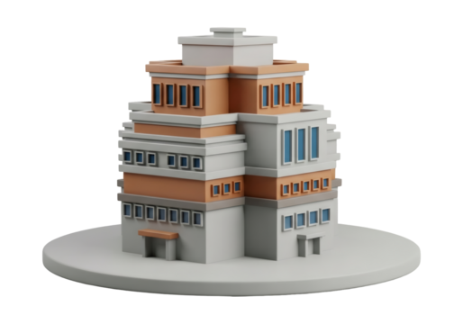 Low Poly 3D Rendering of a Modern Multi Story White and Orange Building with Blue Windows on a Circular Platform Against Black Background - Powered by Adobe