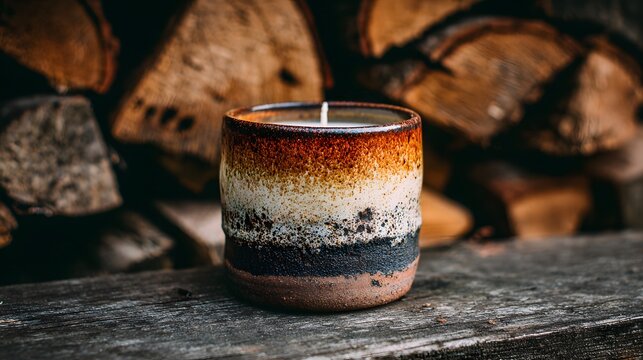 Hand-crafted ceramic candle holder with a warm, autumnal color scheme.