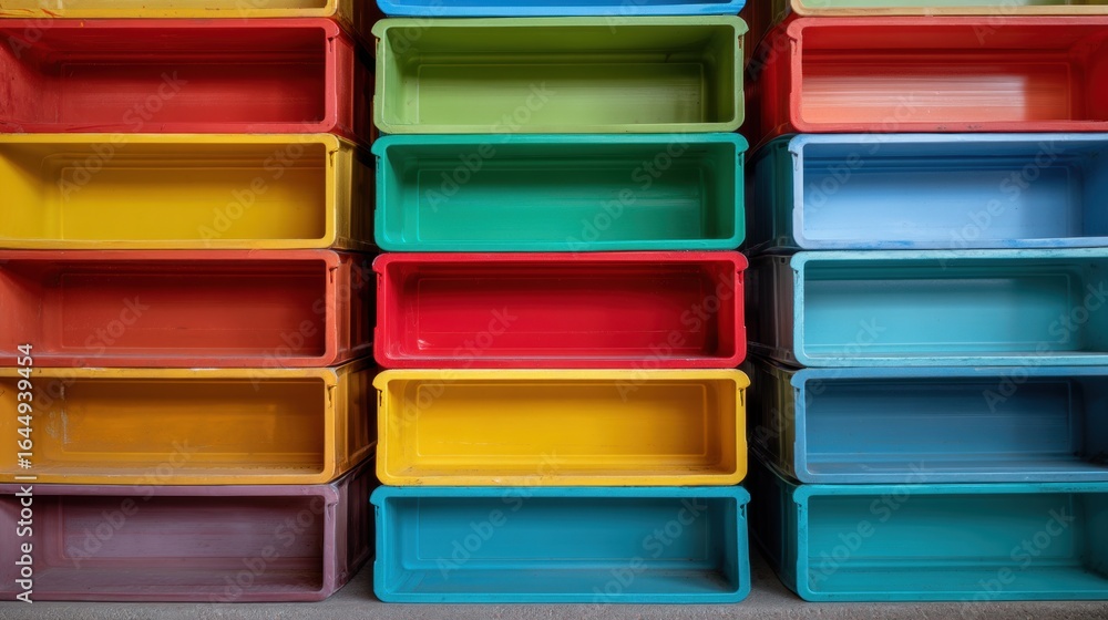 Poster colorful empty storage bins neatly stacked in a series display
