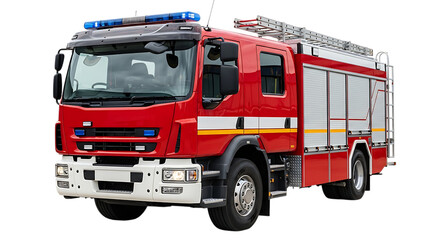 Red fire engine truck with blue flashing lights and ladders isolated on a transparent background fire truck