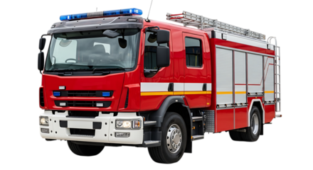 Red fire engine truck with blue flashing lights and ladders isolated on a transparent background fire truck