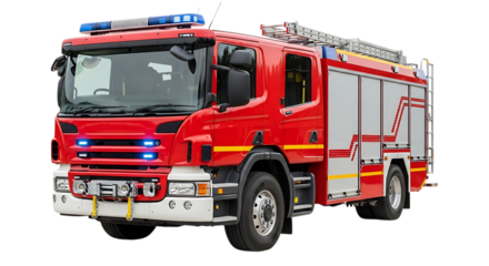 Red fire engine with blue flashing lights and silver roll-up doors isolated on a transparent background