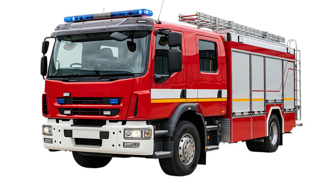 Red fire engine truck with blue flashing lights and ladders isolated on a transparent background fire truck