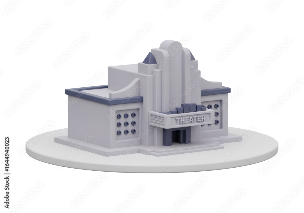 Poster minimalist 3d render of a gray art deco theater building with block style design on black background