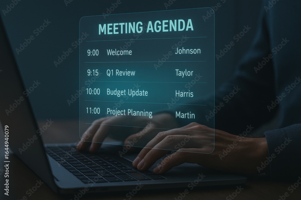Poster meeting agenda display interface showing schedule with times, topics and speaker names on laptop
