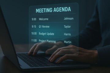Meeting Agenda Display Interface Showing Schedule with Times, Topics and Speaker Names on Laptop
