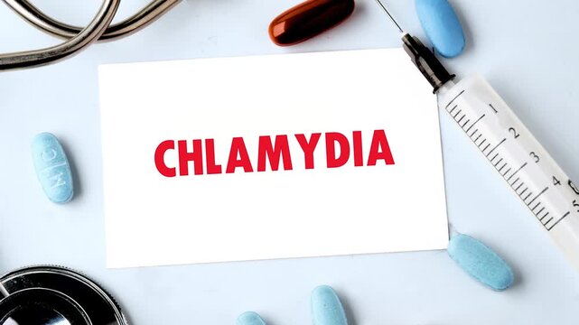 Animation of the word Chlamydia on a card in a composition with pills, a syringe and a stethoscope. Concepts of medicine and healthcare