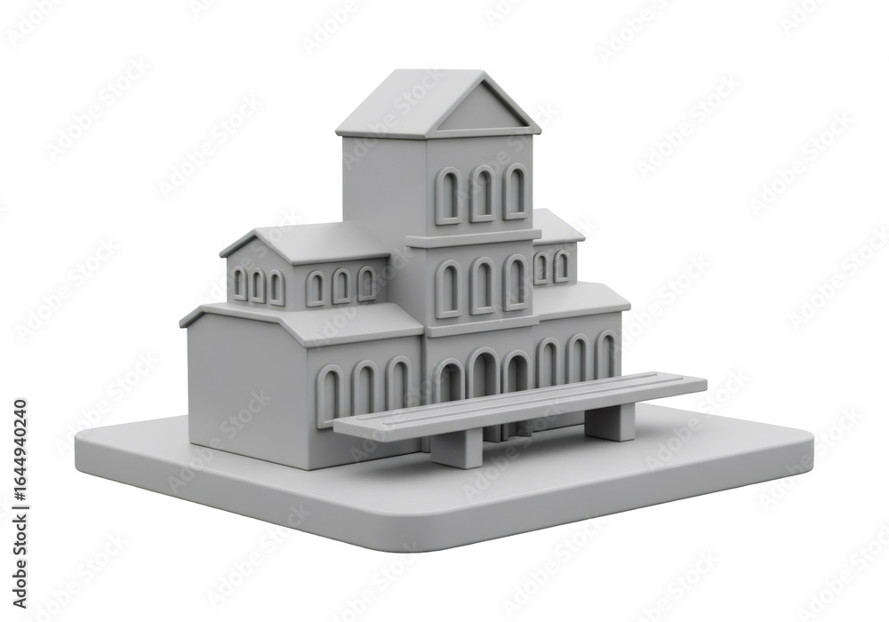 Poster minimalist gray architectural model of a building with simple cube geometric design on black backdro