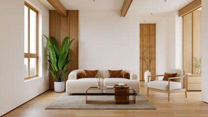 Modern living room with minimalist solf sofa, a light wood coffee table, and a tiered wooden wall, with natural light and wood floorling.3drender