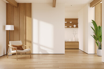 A Minimal Living Room with Cozy armchair and Warm Wooden Accents,3d render