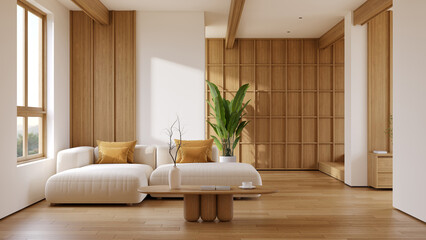 Modern living room with minimalist solf sofa, a light wood coffee table, and a tiered wooden wall, with natural light and wood floorling.3drender