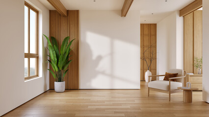 Modern Scandinavian living room with a wooden armchair and a large plant.3drender