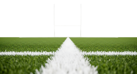Rugby field with goalposts and white line markings viewed from a low angle isolated on a transparent background