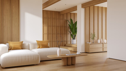 Modern living room with minimalist solf sofa, a light wood coffee table, and a tiered wooden wall, with natural light and wood floorling.3drender
