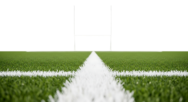 Rugby field with goalposts and white line markings viewed from a low angle isolated on a transparent background