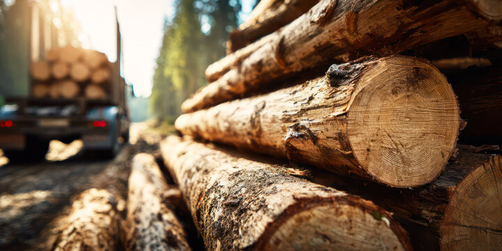 wood logs in forest and cargo transport truck, concept of logging forestry timber lumber wood industry - Powered by Adobe